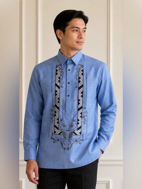 Light Blue Embroidered Men's Barong
